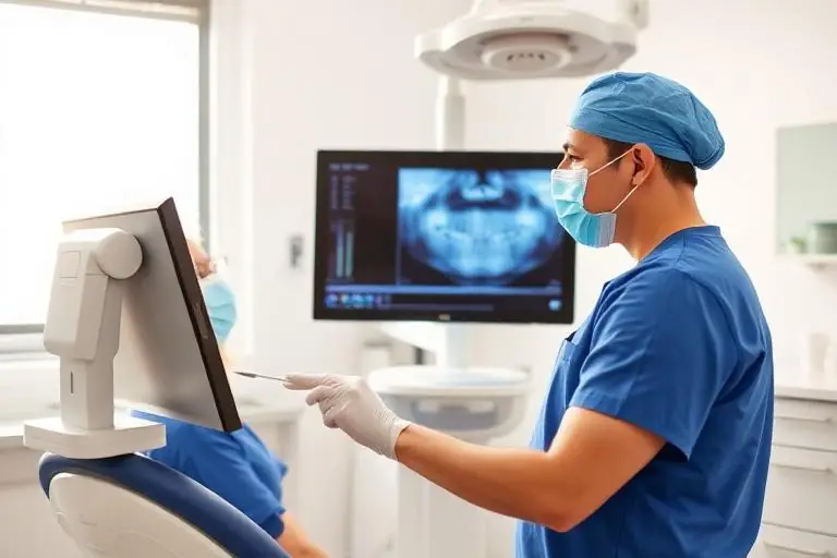 Dental technician reviewing a denture model