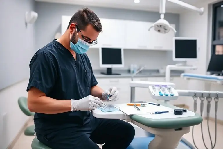 Dentist preparing instruments beside a dental chair