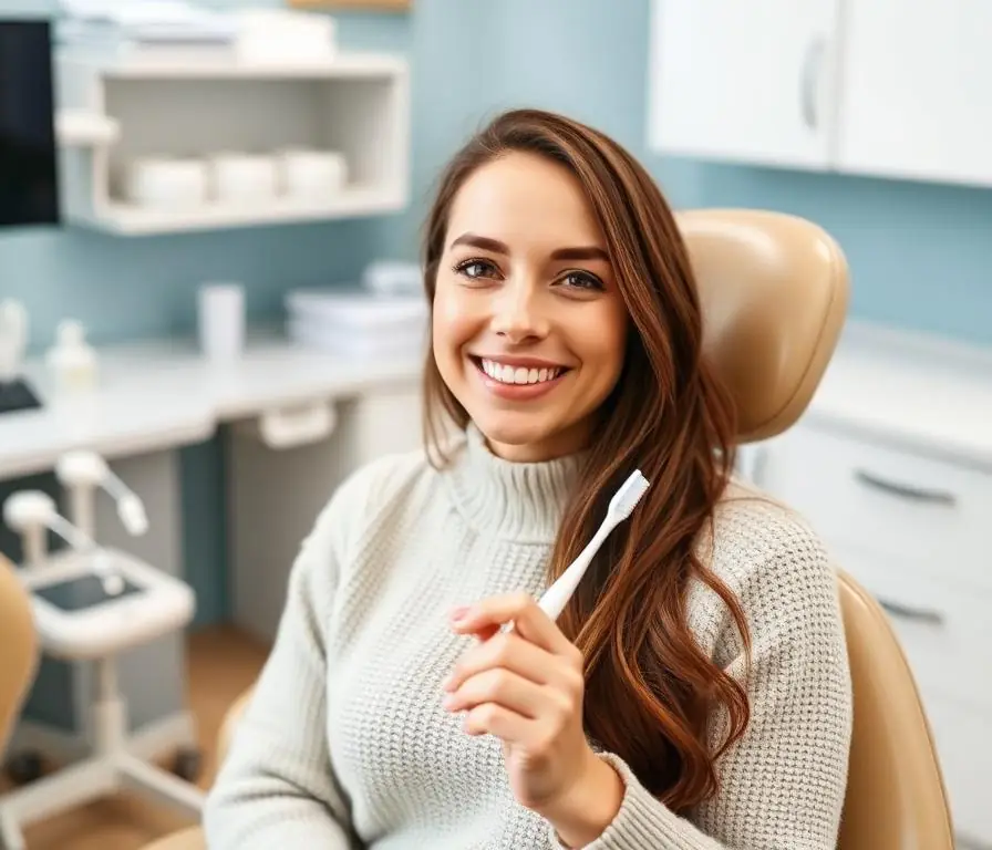 Smiling patient in a dental clinic holding a toothbrush